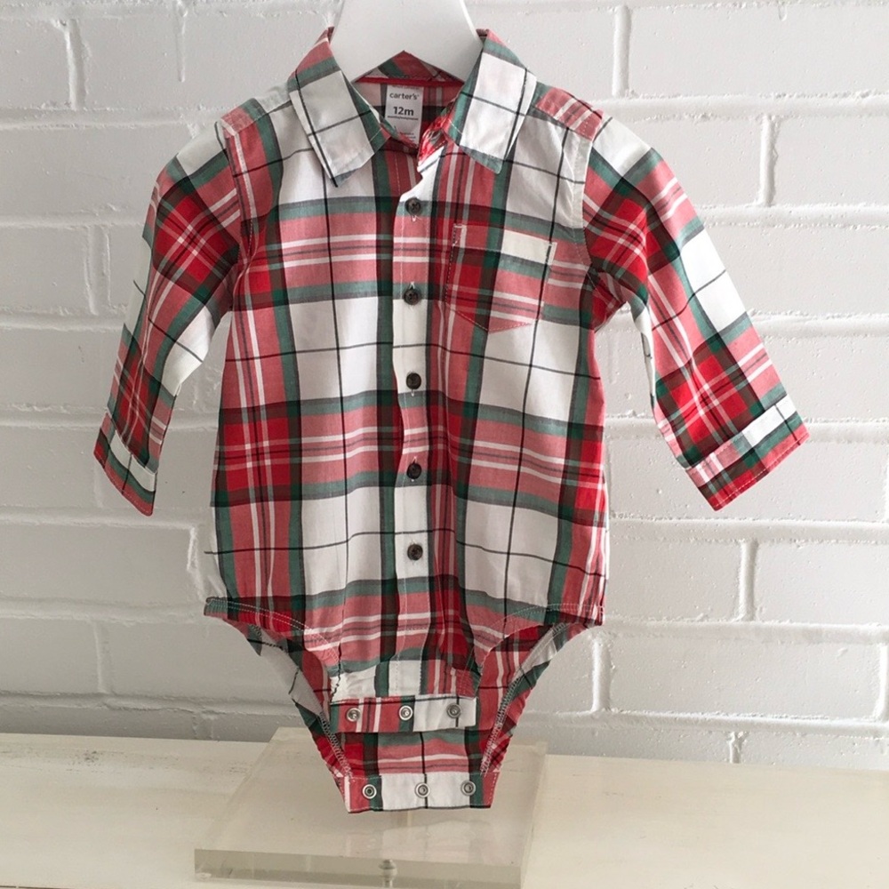 Carters Size 12M Christmas Plaid Shirt Onesie With Collar And Button Front